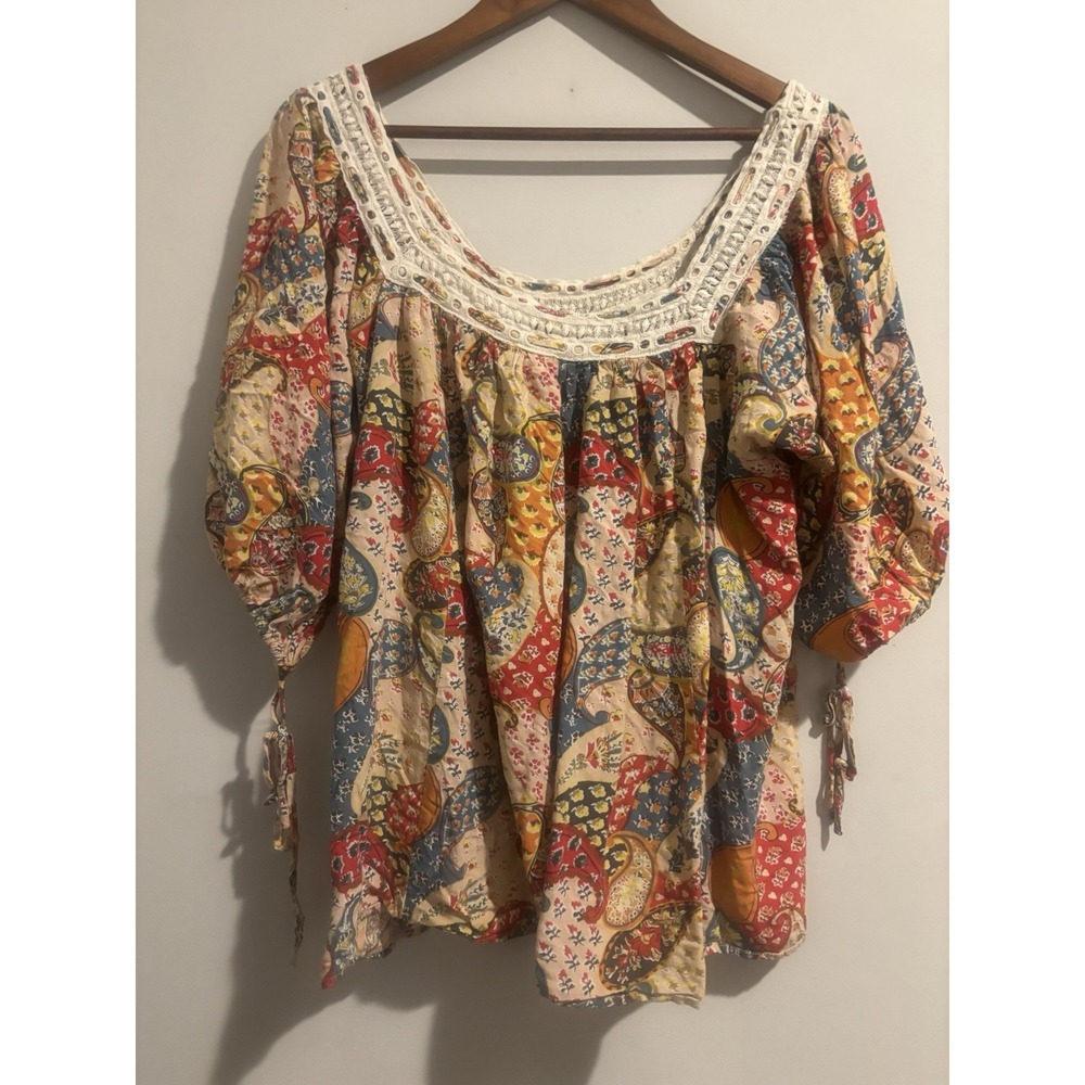 Kori America Blouse Boho Large Paisley Square Neck Crochet Short Tie Sleeve Red